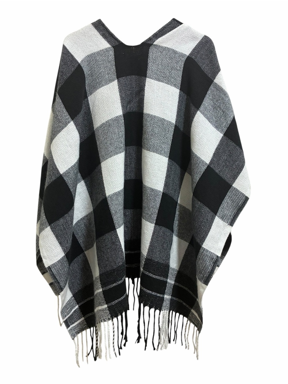 New Jon & Anna Poncho One Size Shawl Cardigan Wrap Fringe Plaid Black White OS - Picture 6 of 11